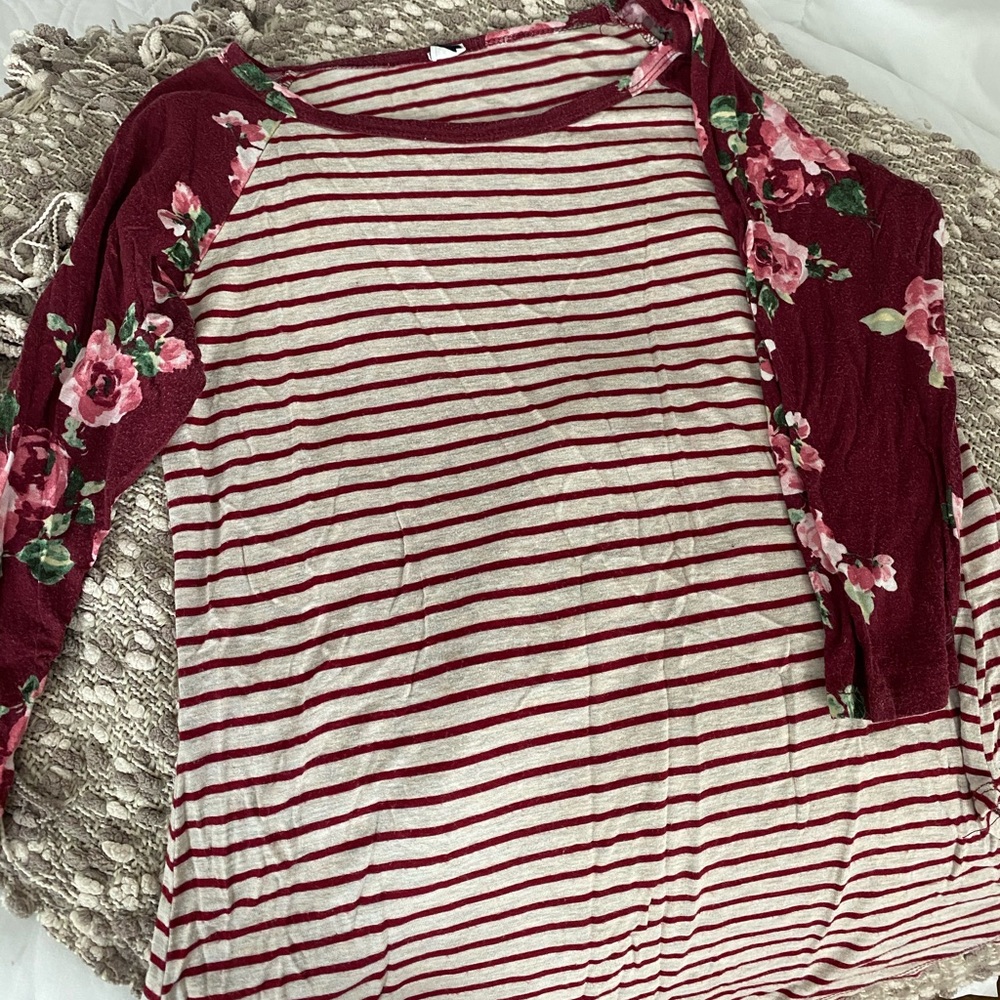 Floral and striped three-quarter length shirt.